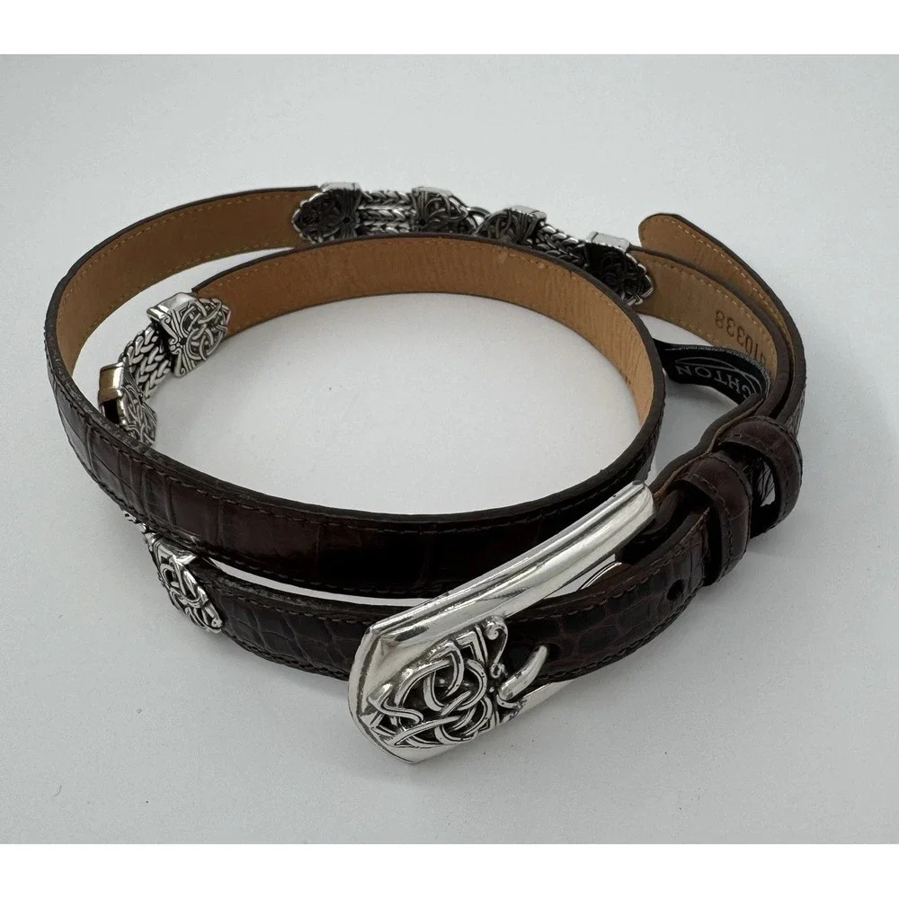 Brighton Croco Embossed Leather Belt Brown Silver Chain Conchos XL‎ 36 VTG USA